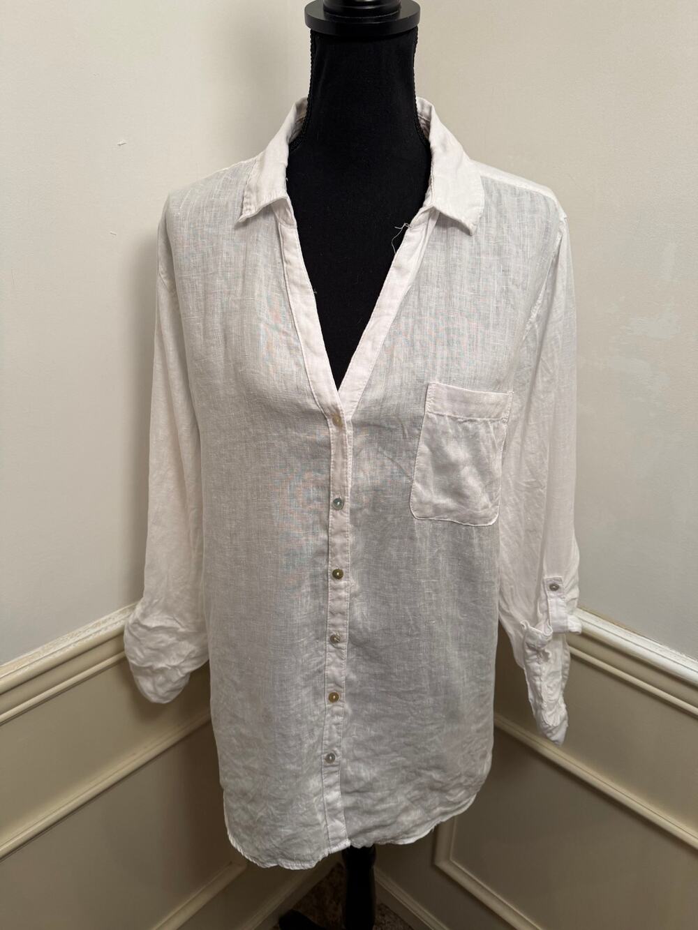 SIGRID OLSEN 100% Linen White Roll-Tab Sleeve Button-Up Tunic Shirt Resort Wear